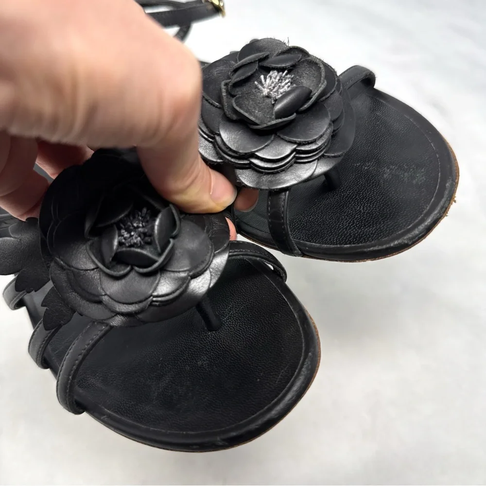 CHANEL Vintage Y2K Camellia Flower Leather Strappy Block Heel Sandal Shoes Black